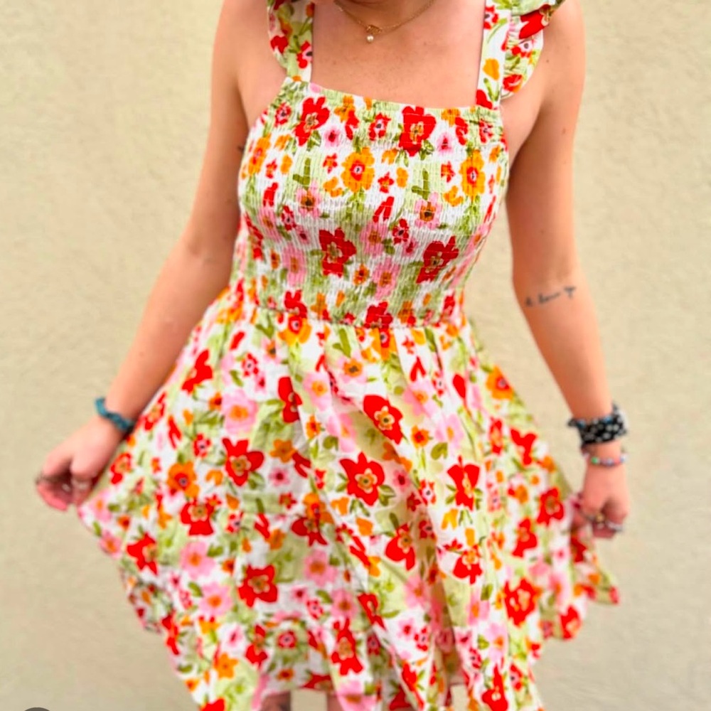 Floral Summer Dress - Red, Green, White